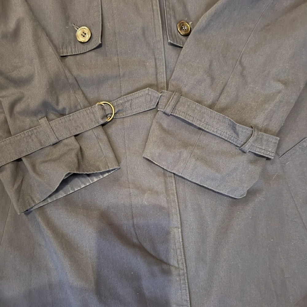 Image Navy Belted Trench Coat Size L or XL Classic Minimalist Outerwear - Picture 7 of 15